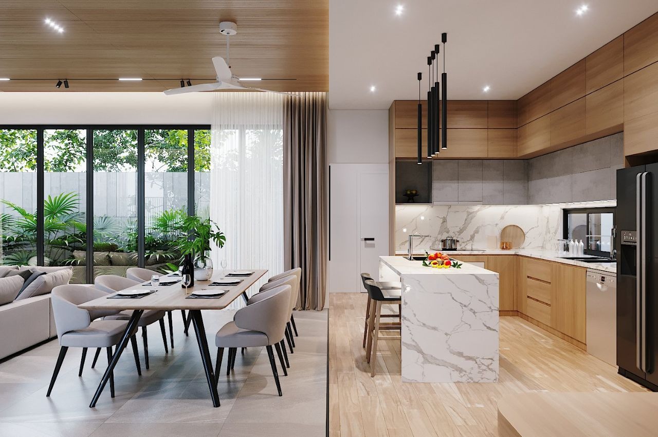 Phòng khách liền bếp hiện đại đồng bộ